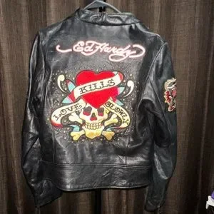 Veste Cuir Ed Hardy Love Kills - Taille S - Multicolore Violet - Neuf Sans Étiquettes